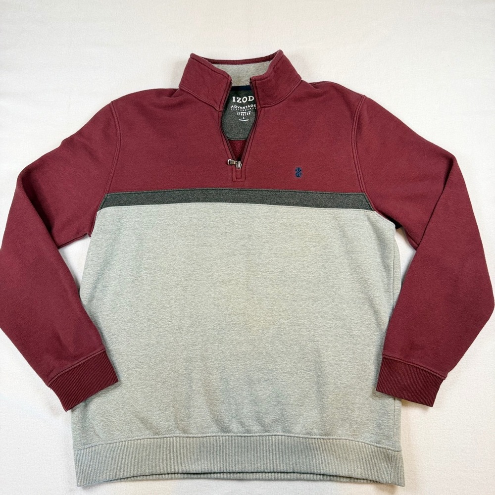 IZOD Advantage Performance Mens Large Quarter Zip Colorblock Sweatshirt Burgundy
